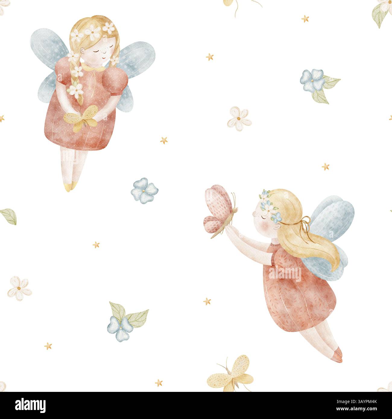 Aquarellmuster von Feenmädchen, Schmetterlinge fliegen in Blumen. Illustration handgezeichnet im Cartoon-Stil. Nahtloses Drucken von Kindern auf isoliertem Hintergrund Stockfoto