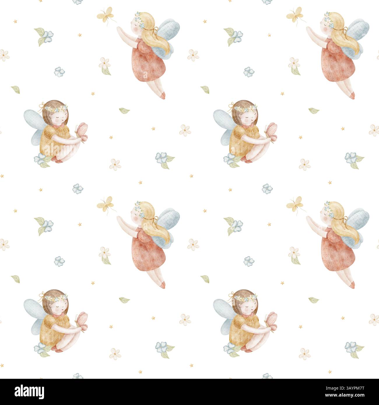 Muster Feen Mädchen fliegen Schmetterlinge in Wildblumen. Aquarellabbildung ist handgezeichnet. Nahtloser Druck für Kinder auf dem Hintergrund für Textilien Stockfoto