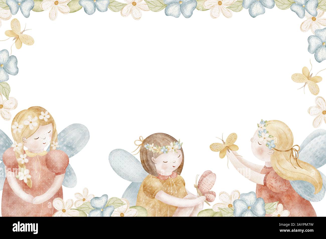 Stell Feenmädchen Schmetterling in Blumen ein. Aquarellillustration Zauberin, Elfen handgezeichnet im Kinderstil, Vorlage isoliert auf Hintergrund für Stockfoto