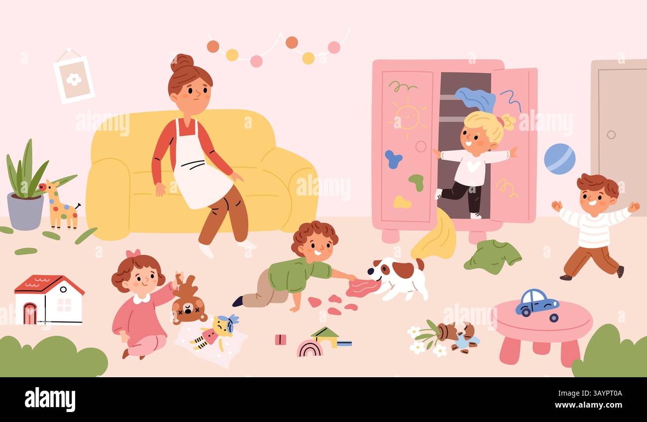Freche Kinder mit schlechtem Verhalten im Zimmer. Müde Mutter oder Babysitter, Kinder zerbrechen Spielzeug, machen Chaos, aktive Spiele. Babys zerbrechen und verderben ihr Zuhause Stock Vektor