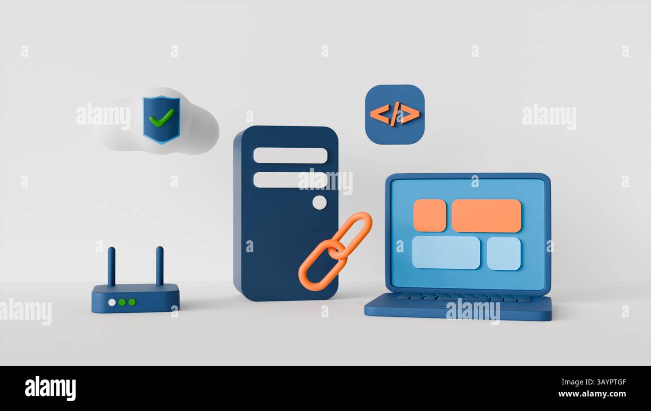3D-Laptop mit Schnittstelle auf dem Bildschirm, Server, Router, Cloud-Sicherheit und Programmierungssymbolen, zum Thema IT, Business und Technologie Stockfoto