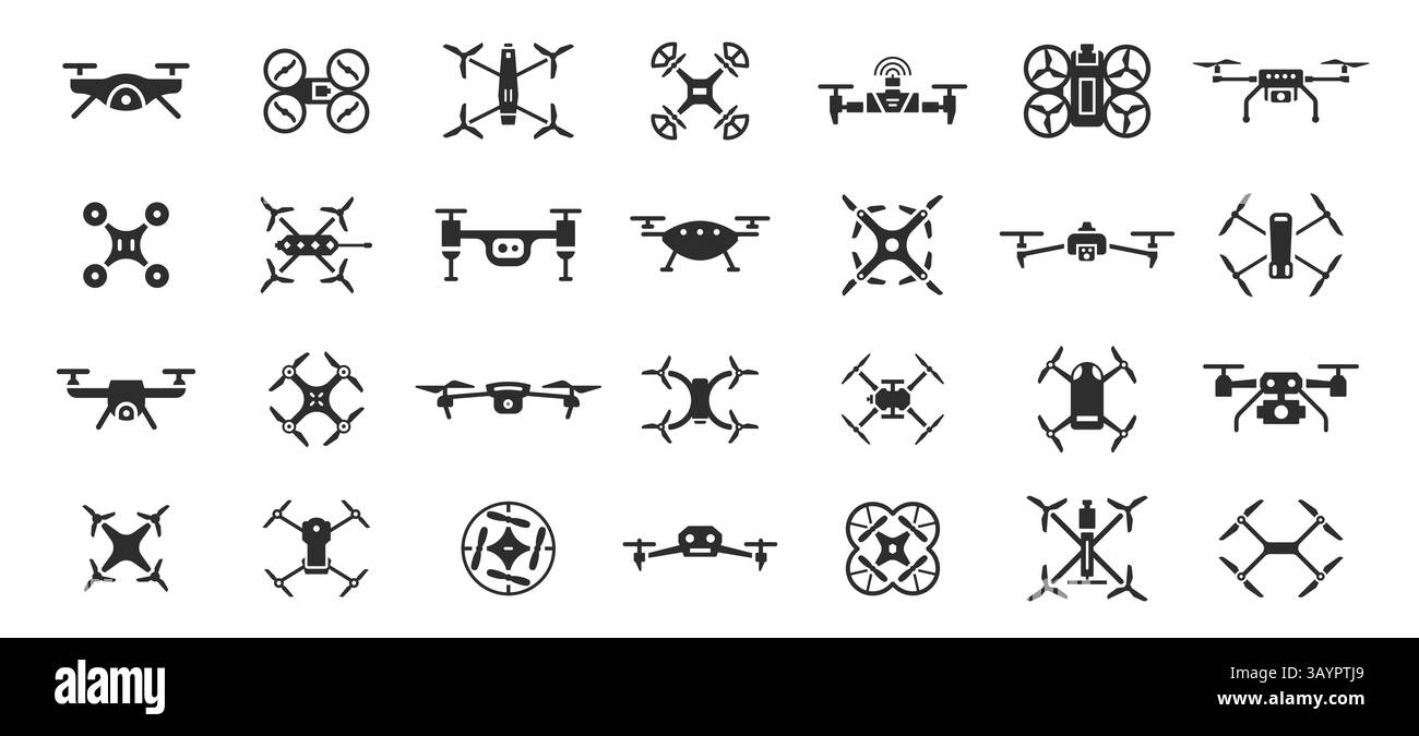 Schwarzes Symbol der Drohne. Hubschrauberlieferung, kontrollierte Kamerafotografie, Luftfahrt-Videoaufzeichnung, Drohnen Luftüberwachung, ferngesteuerte Flugzeuge Stock Vektor