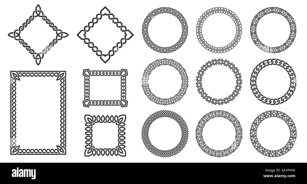 Keltische Kreise. Kreisförmige, geknüpfte Rahmen, wikinger Rundumknoten, dekorativer Rahmen mit alten keltischen Geflechtknoten, mittelalterliches Stammesschmuck Stock Vektor