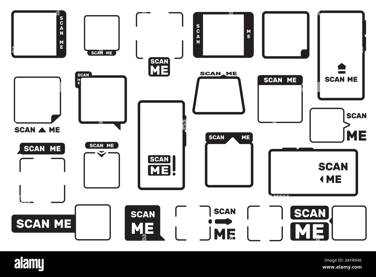 Scan-Me-Frame. QR-Scancodrahmen für Smartphone-Barcodeaufkleber, Scanner-Code-Ränder für das Design mobiler Apps. Vektor-QR-Code-Framing Stock Vektor