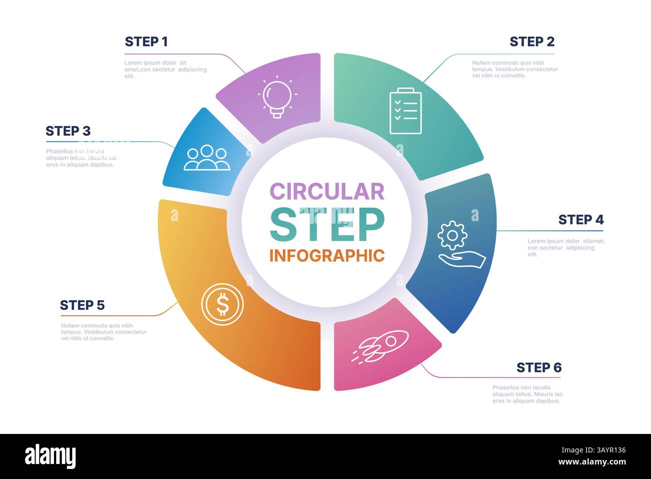 Infografik des Tortendiagramms. Kreisdiagramm, moderne Runddiagramme mit 5 Schritten, abstrakte Kreisdiagrammelemente für die Geschäftspräsentation. Vektorkreis Stock Vektor