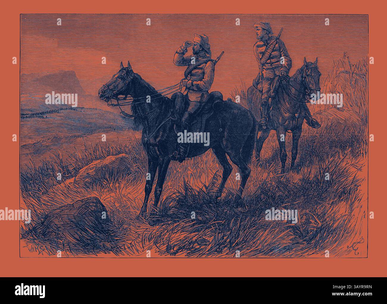 Zwei montierte Figuren überblicken die Landschaft, eine hebt die Hand, als würde sie signalisieren oder rufen. Sie befinden sich inmitten von hohen Gräsern und felsigem Gelände, mit einer Fernsicht auf Hügel oder Berge im Hintergrund. Die Szene weckt ein Gefühl von Entdeckungen und Abenteuern. The Zulu war: Frontier Light Horse auf Vidette Duty, die Zulus in der Nähe von Colonel Woods Camp 1879 entdecken Klassische Kunst mit einem modernen Twist, der von Artotop neu interpretiert wurde Stockfoto
