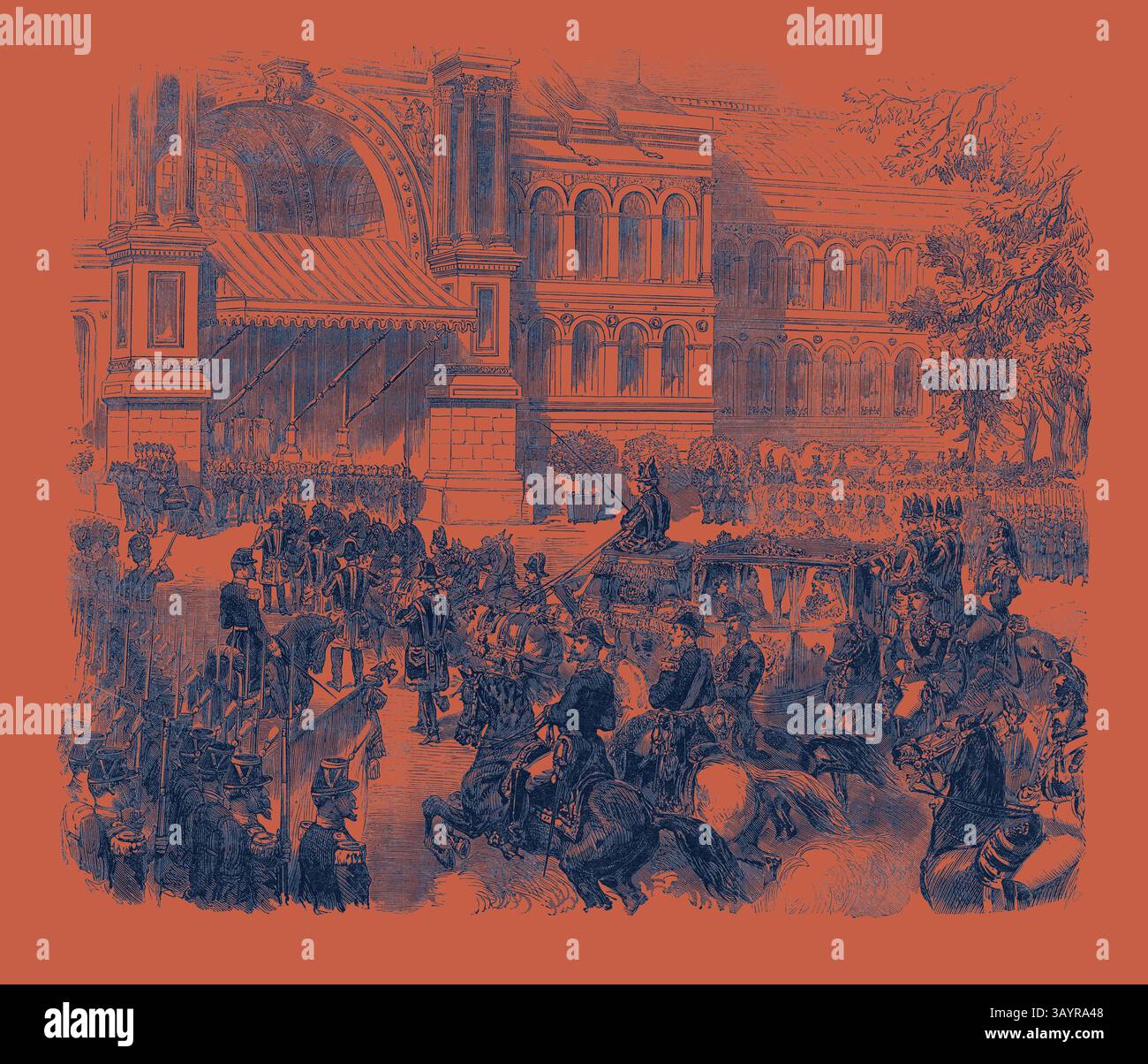 Vor einer großen Architektur findet eine aufwendige Militärprozession statt, bei der Soldaten zu Pferd, Würdenträger in Kutschen und eine große Menschenmenge sich versammelten, um dem Ereignis beizuwohnen. Festliche Dekorationen und große Banner sorgen für einen besonderen Anlass. Verteilung der Preise der Pariser Ausstellung: Ankunft des Kaisers im Palast der Industrie Champs Elysees Frankreich 1867 Klassische Kunst mit einem modernen Twist, neu interpretiert von Artotop Stockfoto
