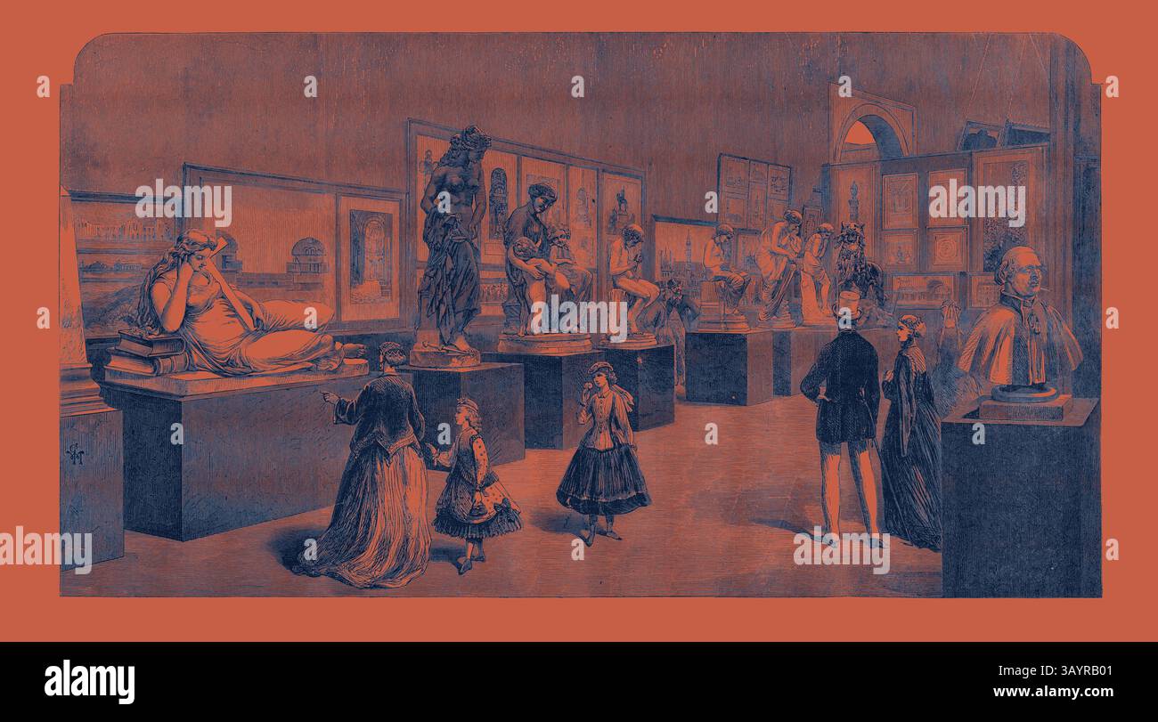 Eine historische Kunstgalerie mit verschiedenen Skulpturen und Kunstwerken, die Besucher bewundern die Stücke. Einige Figuren unterhalten sich, während andere die Ausstellungen beobachten und einen Moment kultureller Wertschätzung widerspiegeln. Französische Skulptur in der Pariser Internationalen Ausstellung Frankreich 1867 Klassische Kunst mit modernem Touch, neu interpretiert von Artotop Stockfoto