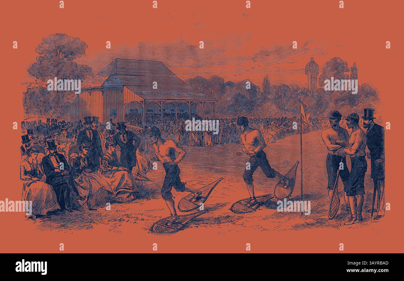 Eine lebendige Szene, die ein historisches Sportereignis darstellt, bei dem die Teilnehmer an einem Rennen teilnehmen und dabei einzigartige, übergroße Schuhe verwenden. Die Zuschauer in eleganter Kleidung beobachten von der Seitenlinie aus und tragen so zur festlichen Atmosphäre rund um den Wettbewerb bei. Schneeschuhrennen im Crystal Palace 1867 Klassische Kunst mit modernem Touch, neu interpretiert von Artotop Stockfoto