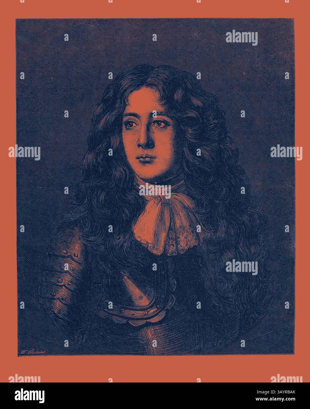 Ein Porträt eines jungen Individuums mit langen, fließenden Haaren, verziert in einer historischen Kleidung mit Rüschenkragen und Rüstung, die einen Hauch von Eleganz und Adel ausstrahlt. Claverhouse Viscount Dundee in der National Portrait Exhibition South Kensington London UK 1867 Klassische Kunst mit einem modernen Twist, neu interpretiert von Artotop Stockfoto