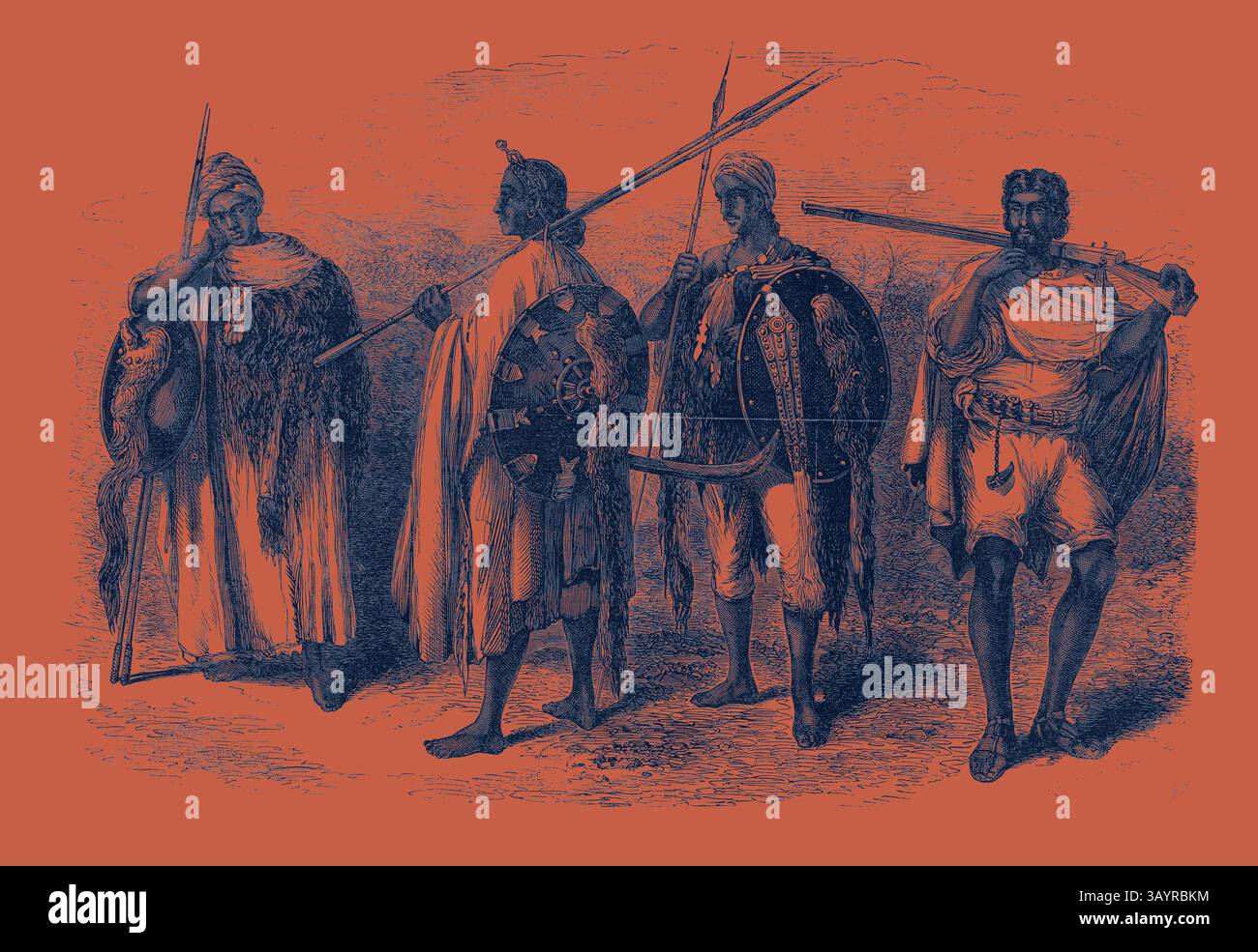 Eine Gruppe von vier historischen Figuren steht zusammen, jede in traditioneller Kleidung und mit verschiedenen Waffen bewaffnet. Ihre Äußerungen und Haltungen vermitteln ein Gefühl von Stärke und Bereitschaft, das die Kleidung und Bewaffnung einer vergangenen Zeit widerspiegelt. Abessinische Krieger 1867 Klassische Kunst mit modernem Touch, neu interpretiert von Artotop Stockfoto