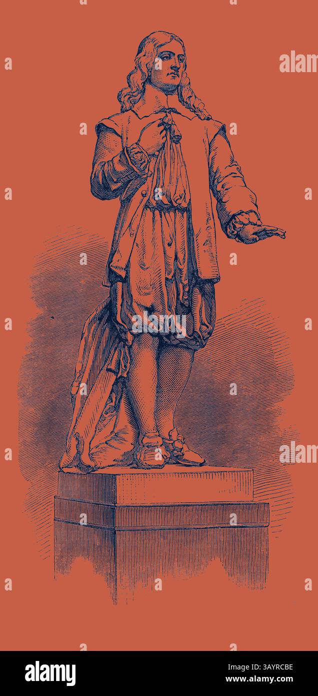 Eine detaillierte Darstellung einer historischen Figur, die selbstbewusst steht, in aufwendiger Kleidung mit fließenden Gewändern gekleidet und mit nachdenklichen Gesten gestickt. Die Basis der Statue ist mit komplizierten Texturen verziert, die ihr klassisches Aussehen unterstreichen. Der Hintergrund bildet einen scharfen Kontrast und betont die Prominenz und Kunstfertigkeit der Figur. Statue von Andrew Marvell in der New Townhall Kingston-on-Hull UK 1867 Klassische Kunst mit einem modernen Twist von Artotop neu interpretiert Stockfoto