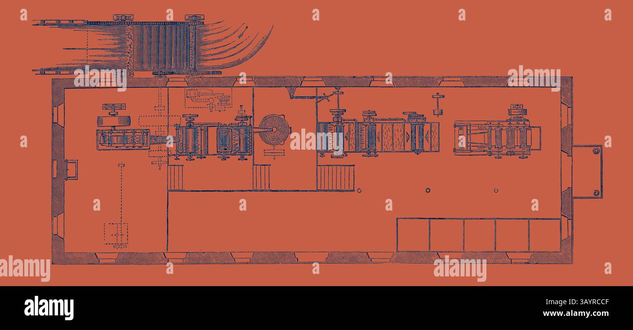 Ein detaillierter Plan, der das Layout einer Produktionsanlage mit verschiedenen Maschinen und Arbeitsstationen zeigt, die methodisch im Raum angeordnet sind. Internationale Ausstellung Paris: Holzpulp Manufaktur mit H. Voeltier's Patent Machine France 1867 Klassische Kunst mit einem modernen Twist von Artotop neu interpretiert Stockfoto