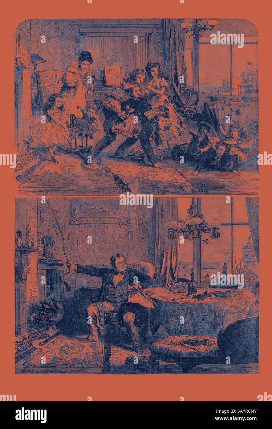 Eine chaotische häusliche Szene entfaltet sich in zwei Panels. Die obere Hälfte zeigt einen lebendigen Familienmoment, bei dem Kinder spielen und Erwachsene energisch interagieren. Die untere Hälfte hingegen fängt eine angespannte Situation ein, in der ein Mann, scheinbar aufgeregt, eine Waffe konfrontativ hochwirft, während andere erschreckt erscheinen. Die kontrastierenden Stimmungen heben die Komplexität des Familienlebens hervor. Weihnachten im ersten und zweiten Stock, 1867 Klassische Kunst mit modernem Touch, neu gestaltet von Artotop Stockfoto