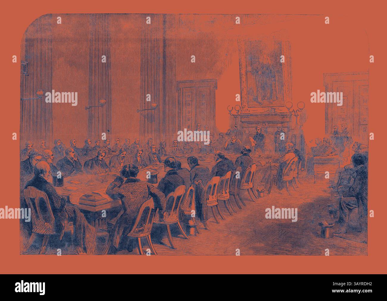Eine große Zusammenkunft von Einzelpersonen, die an einem langen Tisch sitzen, in einer formellen Umgebung, in der Diskussionen oder Überlegungen stattfinden, mit kunstvoller Architektur und Einrichtung, die einen historischen Kontext bilden. The Cotton Famine: Treffen des Central Relief Committee im Bürgermeistersaal in der Manchester Townhall Earl of Derby auf dem Stuhl 1862 Klassische Kunst mit einem modernen Twist, neu interpretiert von Artotop Stockfoto