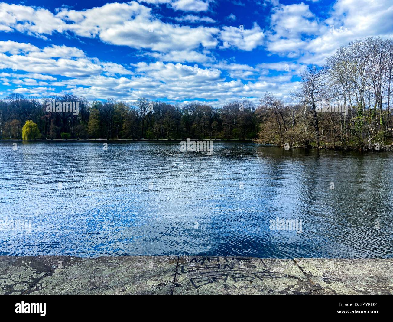 Die Spree und gegenüber dem Wald von Funkhaus, Lichtenberg, Berlin. Stockfoto