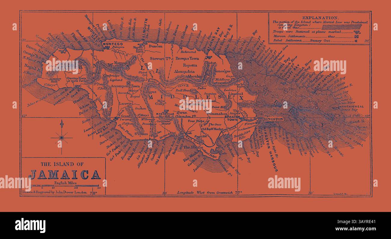 Eine detaillierte Karte von Jamaika, auf der die geographischen Besonderheiten, Städte und Wahrzeichen hervorgehoben werden, wobei der Schwerpunkt auf den Umrissen der Insel und den wichtigsten Orten liegt. Jamaica Klassische Kunst mit modernem Touch, neu gestaltet von Artotop Stockfoto