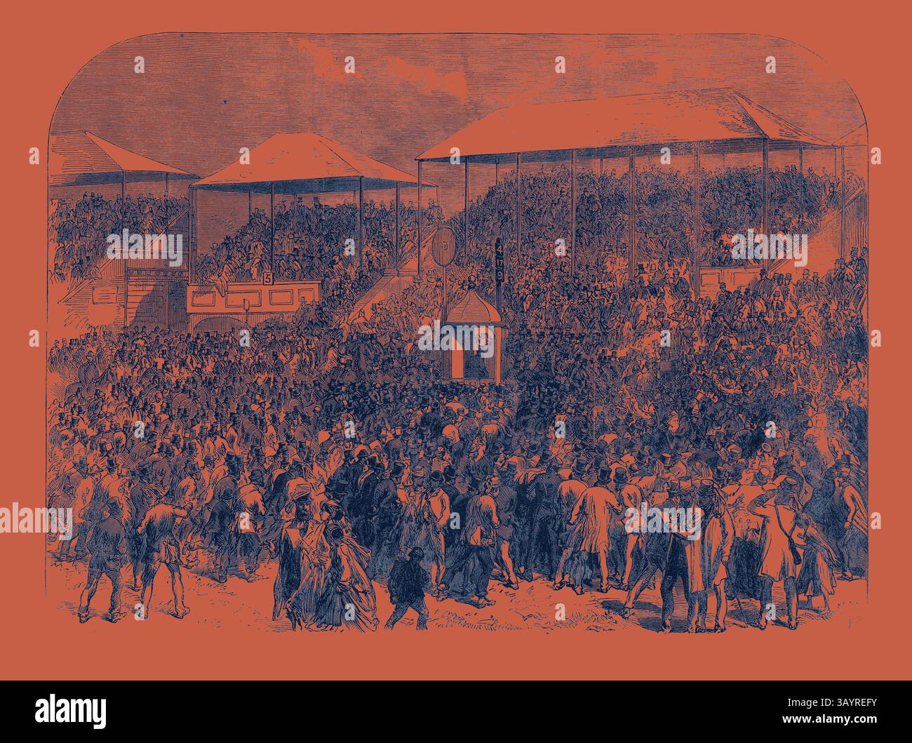 Eine große Menschenmenge versammelt sich in einer Arena im Freien, umgeben von großen Ständen voller Zuschauer. Die Szene ist voller Aktivität, während die Teilnehmer Gespräche führen und eine festliche Atmosphäre vermitteln. Der zentrale Bereich scheint ein Schwerpunkt von Interesse zu sein, möglicherweise mit einem Ereignis oder einer Performance. The Derby Day: Zeigt die Zahlen UK 1866 Klassische Kunst mit einem modernen Twist, neu interpretiert von Artotop Stockfoto