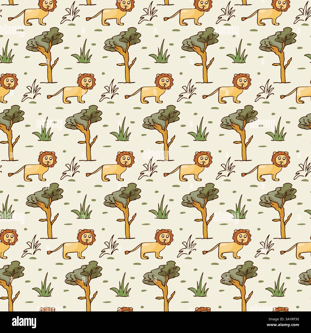 Safari Afrika zeichnet nahtloses Muster. Kindliches Doodle-Cartoon-Design. Tierlöwe, Baum handgezeichnet Grafik netter Kinderhintergrund. Farbenfroh Stock Vektor
