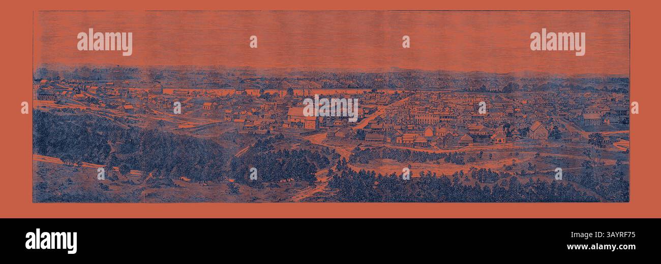 Ein Panoramablick auf eine Stadt aus dem 19. Jahrhundert mit einer Mischung aus Häusern, Gebäuden und weitläufigen Landschaften, mit einem Gefühl von historischer Bedeutung und Charme. Das Layout spiegelt die Organisation einer vergangenen Ära wider, in der Straßen und natürliche Umgebungen miteinander verflochten sind. Brisbane die Hauptstadt von Queensland Australien 1866 Klassische Kunst mit modernem Touch, neu interpretiert von Artotop Stockfoto