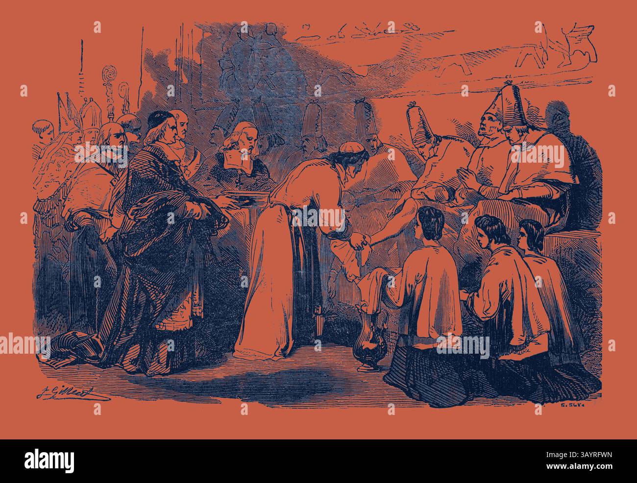 Eine zeremonielle Szene, die eine Gruppe von Figuren in historischer Kleidung zeigt, die ein feierliches Ritual durchführen. Eine weiße Figur stellt einem anderen ein Objekt vor, während die Zuschauer mit Ehrfurcht beobachten. Die Umgebung ist mit klassischen Elementen geschmückt, die auf ein bedeutendes kulturelles oder religiöses Ereignis hinweisen. Heiliger Donnerstag, der Papst wascht den armen Priestern die Füße Klassische Kunst mit einem modernen Twist, der von Artotop neu erfunden wurde Stockfoto