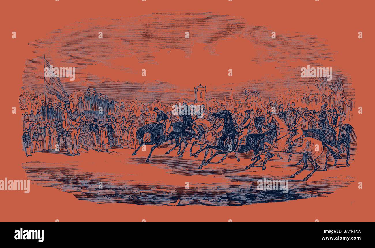 Ein lebhaftes Pferderennen findet statt, bei dem die Jockeys eifrig gegeneinander antreten. Die Zuschauer säumen die Strecke und beobachten die Action aufmerksam, während die Fahnen zur Feier geschwenkt werden. Im Hintergrund hat sich eine große Menschenmenge versammelt, was die Spannung der Veranstaltung noch verstärkt. Northamtonshire Grand Military Steeple Chase, die klassische Kunst mit einem modernen Touch, der von Artotop neu gestaltet wurde Stockfoto