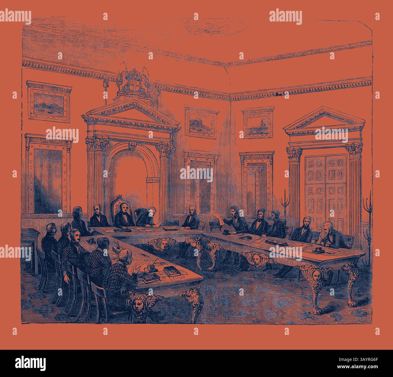 Der historische Tagungsraum verfügt über einen langen Tisch, der von elegant gekleideten Personen umgeben ist, die an Diskussionen teilnehmen. Die kunstvolle Architektur und dekorative Elemente unterstreichen die feierliche Atmosphäre. Der Verwaltungsrat, East India House. Klassische Kunst mit modernem Touch, neu interpretiert von Artotop Stockfoto