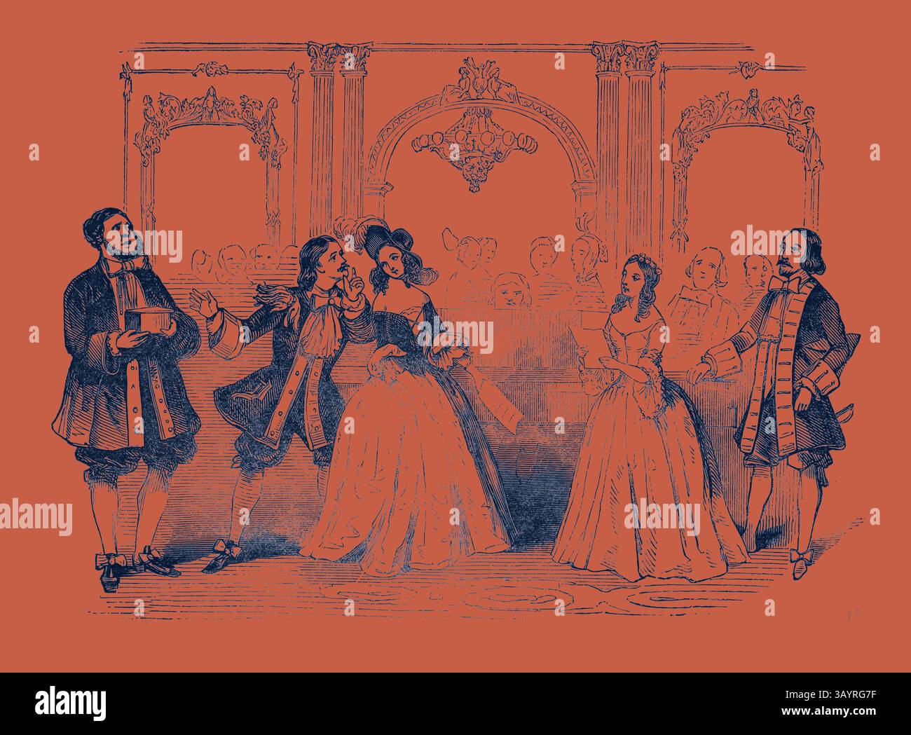 Eine Theaterszene mit elegant gekleideten Personen in historischer Kleidung, die sich in lebhaften Gesprächen unterhalten. Zwei Männer und zwei Frauen, die in aufwendigen Kostümen verziert sind, stehen in einer großartigen Umgebung, möglicherweise in einem Aufführungsraum. Ihre animierten Ausdrucksformen deuten auf einen Moment der Unterhaltung hin, der an eine vergangene Ära erinnert. Szene aus der Oper der „Krondiamanten“ im Prinzessin-Theater. Klassische Kunst mit modernem Touch, neu interpretiert von Artotop Stockfoto