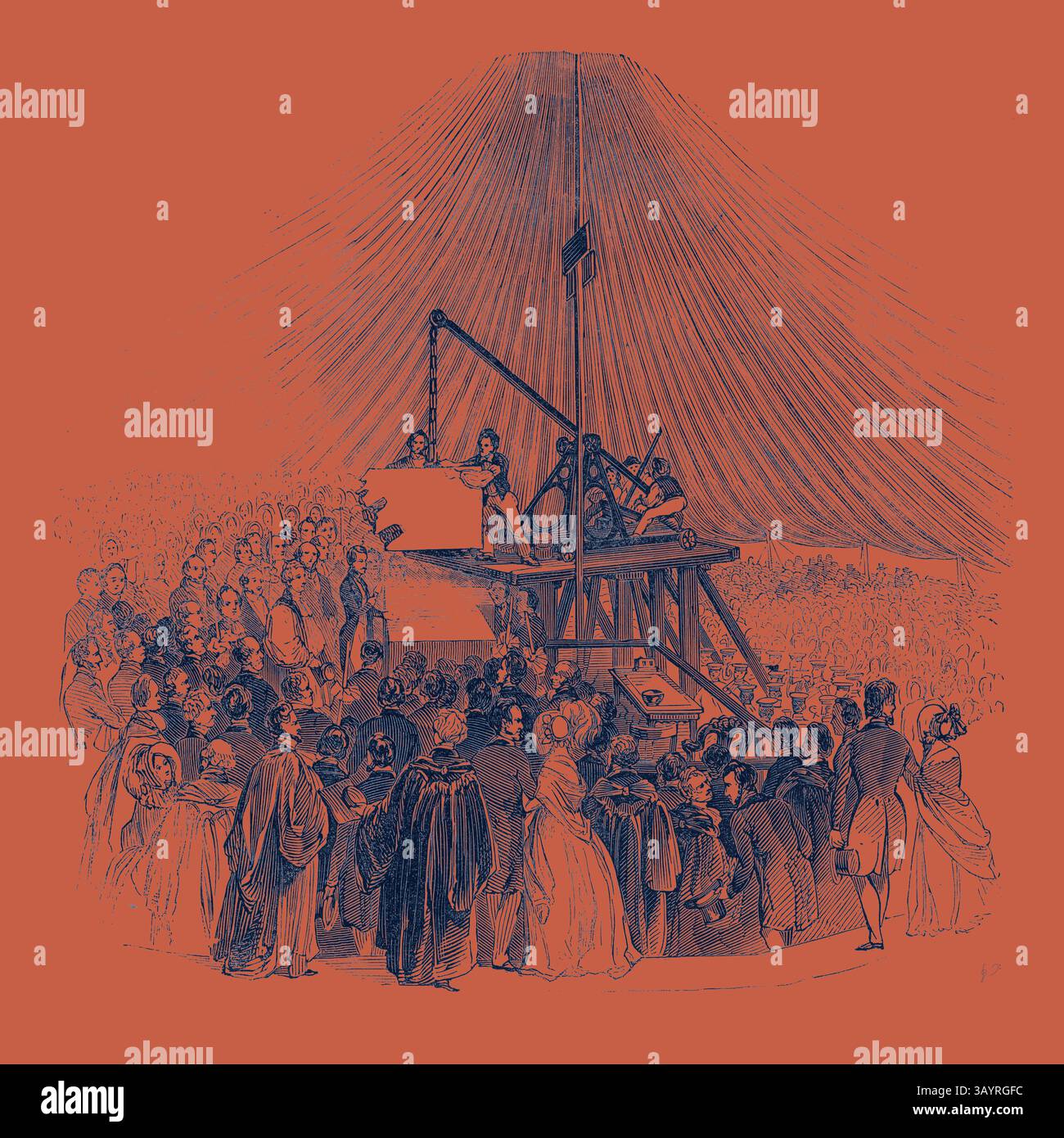 Eine große Menschenmenge versammelt sich, um einem dramatischen Ereignis beizuwohnen, das sich auf eine prominente Hinrichtungsplattform konzentriert. Die Spannung in der Luft ist spürbar, wenn die Zuschauer in historischen Kleidern eine Reihe von Emotionen von Neugier bis Horror zeigen, und das alles unter dem wachsamen Blick der hoch aufragenden Strukturen im Hintergrund. H.R.H. Prince Albert legt den ersten Stein des neuen Krankenhauses für Konsum, etc., Fulham Road Classic Art mit einem modernen Twist neu interpretiert von Artotop Stockfoto