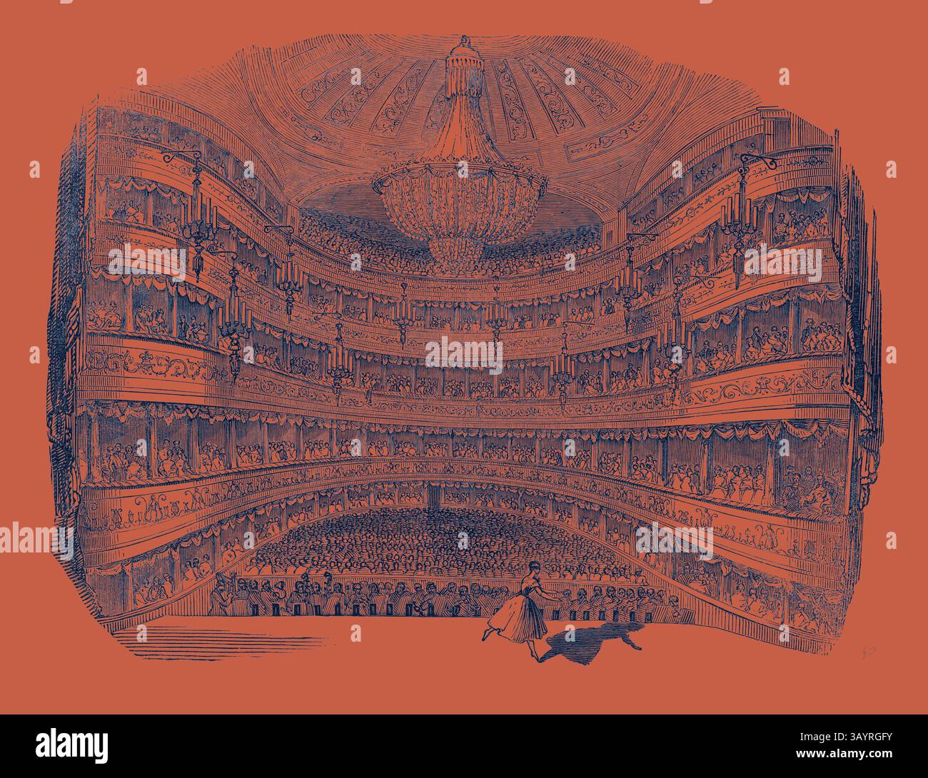 Ein großes Theater mit elegant gekleideten Zuschauern, umgeben von kunstvoll verzierten Balkonen und einem atemberaubenden Kronleuchter über dem Dach, schaffen eine Atmosphäre von Eleganz und Spannung. Das Innere des Theaters Ihrer Majestät, letzten Samstagabend. Klassische Kunst mit modernem Touch, neu interpretiert von Artotop Stockfoto