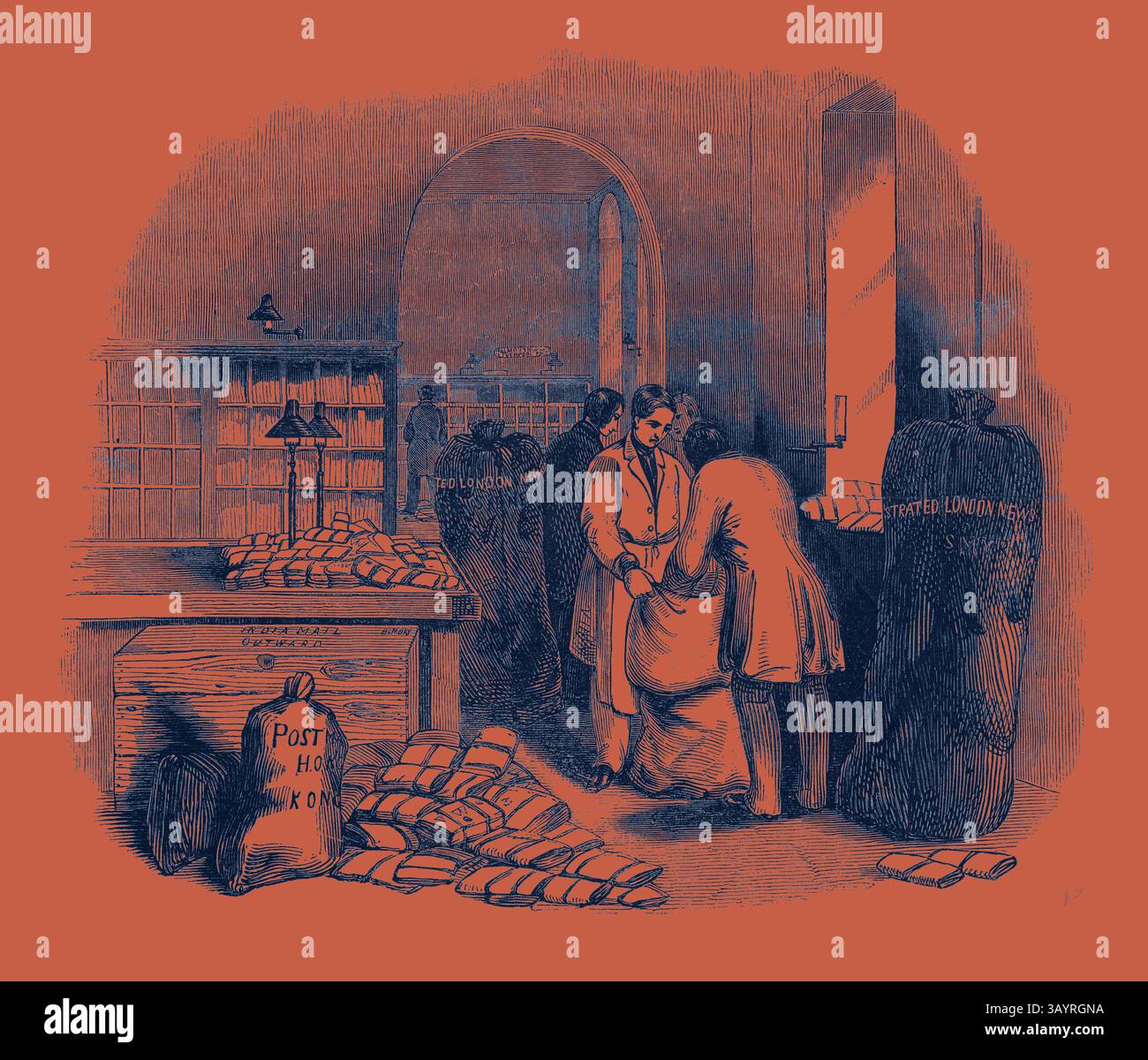 Eine Szene, in der Einzelpersonen in einem Raum mit Büchern und Paketen an Gesprächen teilgenommen haben und die geschäftige Aktivität einer Post- oder Zustelldienstumgebung veranschaulicht wird. Verpackung der indischen Post. Klassische Kunst mit modernem Touch, neu interpretiert von Artotop Stockfoto