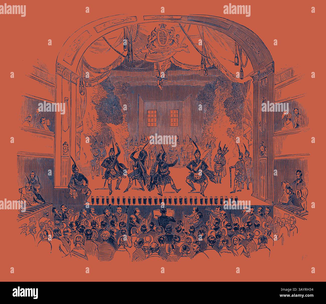 Auf der Bühne findet eine lebhafte Theatervorstellung statt, bei der Tänzer in aufwendigen Kostümen auftreten, während ein begeistertes Publikum von unten zusieht. Die Szene ist mit dramatischem Flair gefüllt, mit Kunstfertigkeit und kulturellen Feiern inmitten der komplizierten Bühnendekoration. Der Große Highland Dudelsack Wettbewerb. Im Theatre Royal, Edinburgh. Klassische Kunst mit modernem Touch, neu interpretiert von Artotop Stockfoto