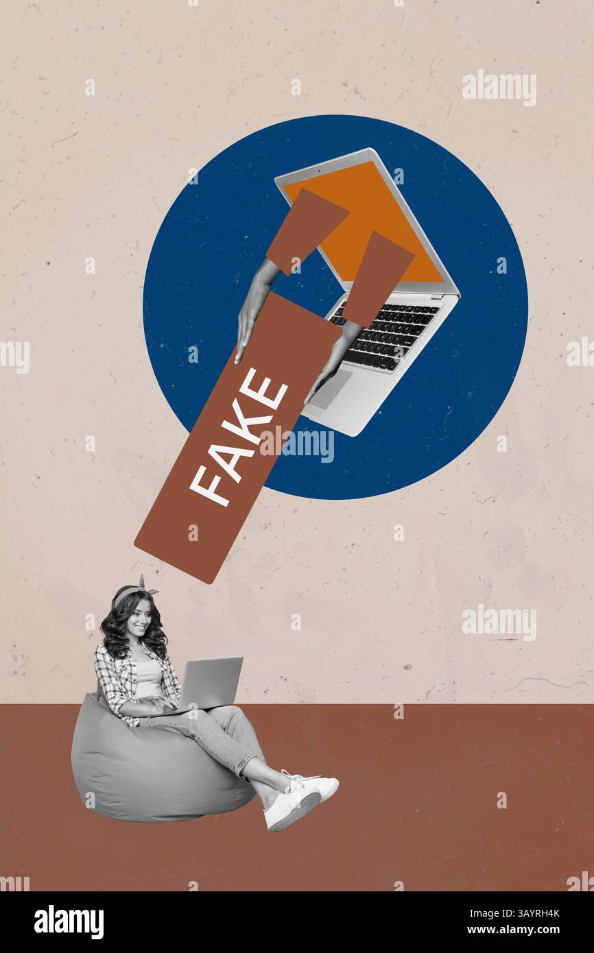 Poster-Bildcollage einer Person unter Netbook mit gefälschtem Bild auf pastellfarbenem Hintergrund Stockfoto