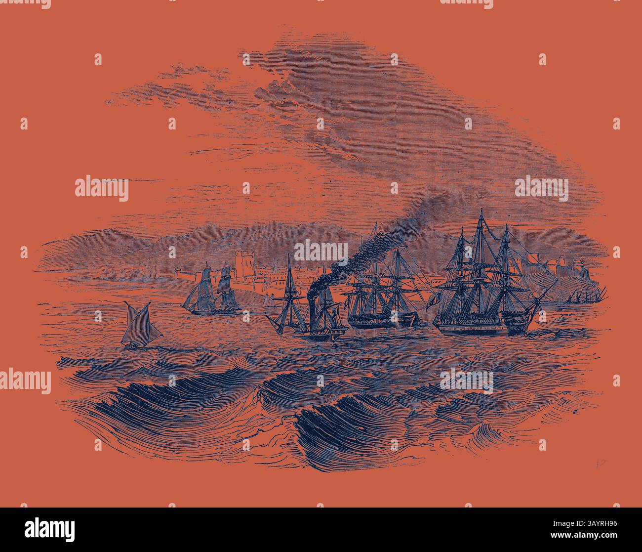 Eine Flotte von Segelschiffen navigiert auf einem abgehackten Meer, wobei Rauch von einem Schiff weht, während eine Küstenstadt unter einem weiten Himmel leicht im Hintergrund auftaucht. Mogadore Klassische Kunst mit modernem Touch, neu gestaltet von Artotop Stockfoto