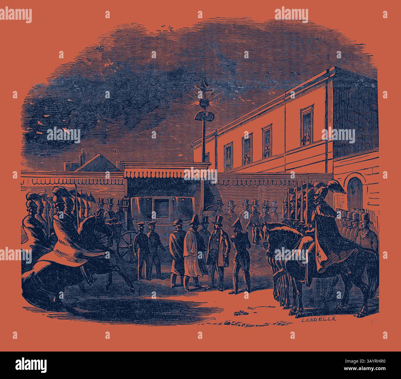 Eine historische Szene zeigt eine Versammlung von Individuen, einige auf Pferden montiert, vor einem Gebäude mit einem markanten Fahnenmast. Uniformierte Figuren stehen auf dem Spiel, während einige Zuschauer aus dem Vordergrund beobachten, was ein Gefühl von Formalität und Anlass schafft. Zerstörerisches Feuer am Bahnhof New-Cross: Ankunft des Königs der Franzosen während des Feuers Klassische Kunst mit einem modernen Twist, der von Artotop neu interpretiert wurde Stockfoto