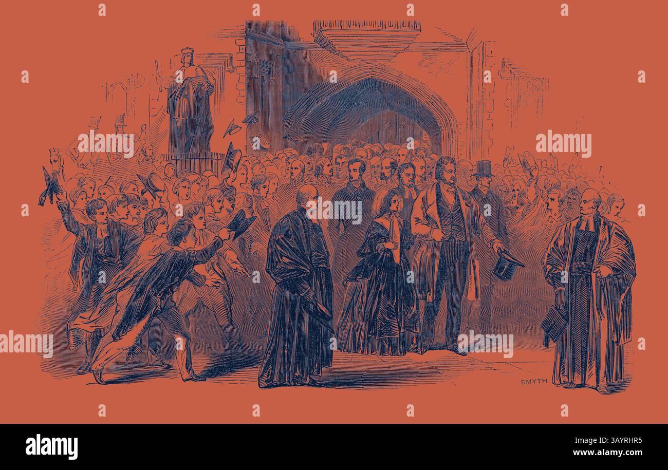 Eine historische Szene, in der sich eine große Menschenmenge vor einem großen Eingang versammelt hat, mit prominenten Persönlichkeiten in historischen Gewändern, die an einem bedeutenden Ereignis beteiligt sind und Ausdrucksformen der Begeisterung und Erwartung unter den Zuschauern zeigen. Besuch des Königs der Franzosen und der Königin Victoria im Eton College Klassische Kunst mit einem modernen Touch, der von Artotop neu gestaltet wurde Stockfoto