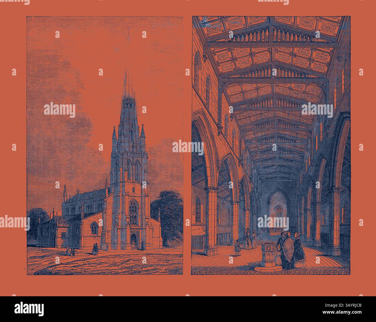 Eine detaillierte Abbildung zeigt eine große Kirche mit einem markanten Turm auf der linken Seite, während die rechte Seite ein weitläufiges Inneres mit hohen Bogendecken und Figuren zeigt, die die Architektur bewundern. Komplizierte Designs zieren beide Szenen und betonen die Eleganz der Struktur. Linkes Bild: St. Mary's New Church, Herne Hill, rechtes Bild: Inneres der St. Mary's New Church, Herne Hill Klassische Kunst mit einem modernen Twist, neu gestaltet von Artotop Stockfoto