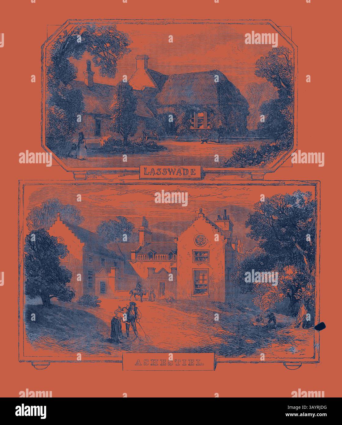 Das Kunstwerk zeigt zwei detaillierte ländliche Szenen mit der Bezeichnung Lasswade und Ashestiel. Die obere Platte zeigt ein strohgedecktes Cottage umgeben von Bäumen, während der untere Teil einen bezaubernden Blick auf die Straße mit malerischen Gebäuden und Figuren bietet, die sich unterhalten. Das Design weckt ein Gefühl der Ruhe und Nostalgie für eine vergangene Ära. Die Scott Centenary 1871 Classic-Kunst mit einem modernen Touch, neu gestaltet von Artotop Stockfoto