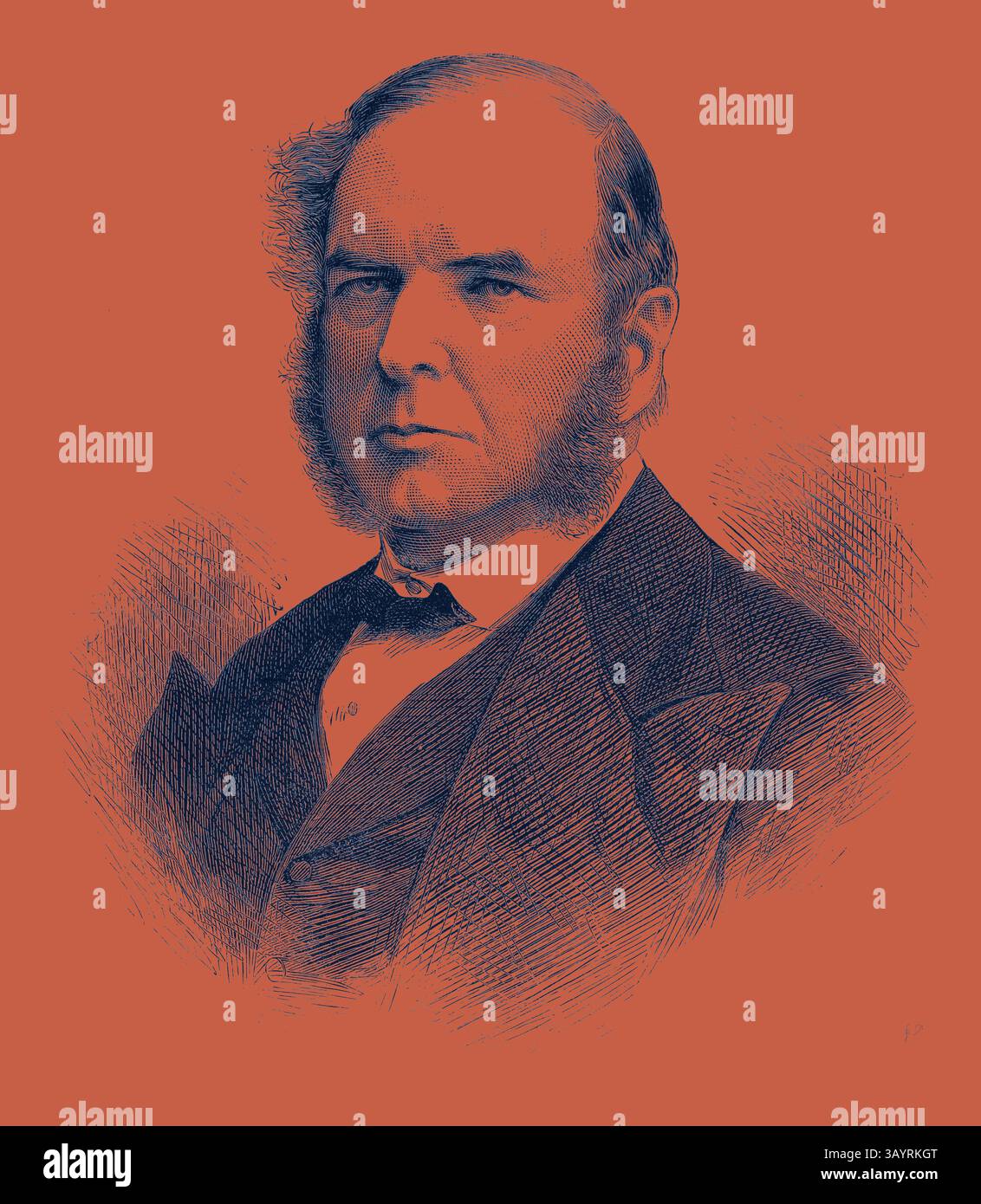 Ein Stern aussehender Mann in formeller Kleidung, mit markanten Koteletten und einem ernsten Ausdruck, blickt direkt auf den Betrachter. Sein Hemd mit hohem Kragen und der taillierte Mantel erinnern an einen viktorianischen Stil. Der verstorbene Hr. J.P. Norman Deputy Chief Justice of Bengalen 1871 Klassische Kunst mit einem modernen Twist, neu interpretiert von Artotop Stockfoto