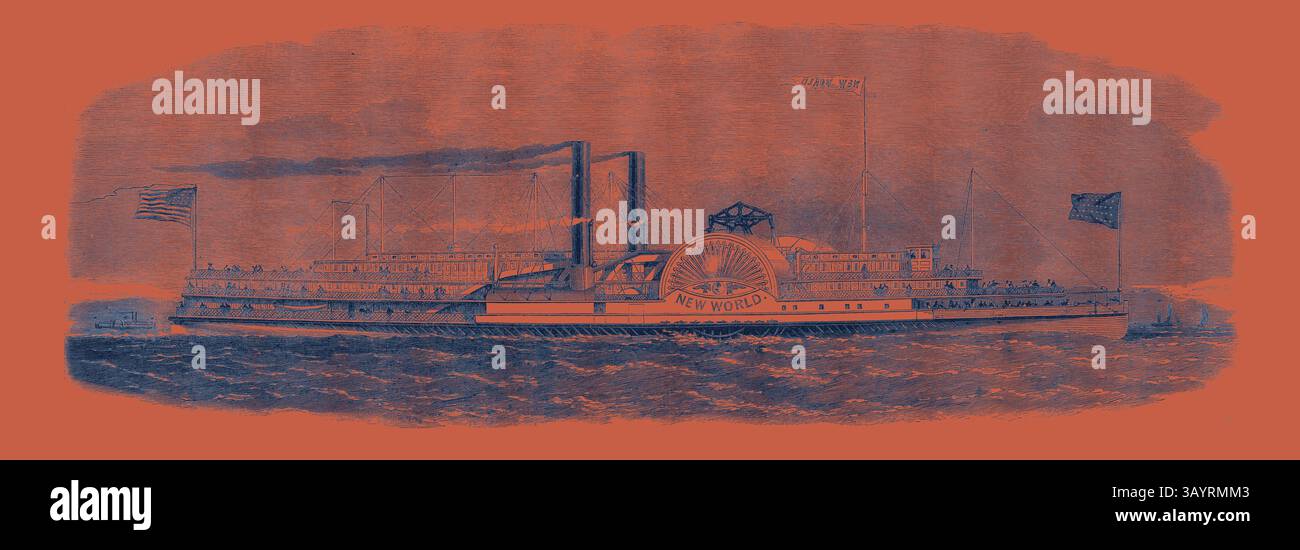 Ein historisches Dampfschiff namens „New World“ mit markanten Schaufelrädern, Flaggen und komplizierten Details, das durch das Wasser mit einer Kulisse von wirbelnden Wellen navigiert. The New World eine der Hudson River Steamers Klassische Kunst mit einem modernen Touch, der von Artotop neu gestaltet wurde Stockfoto