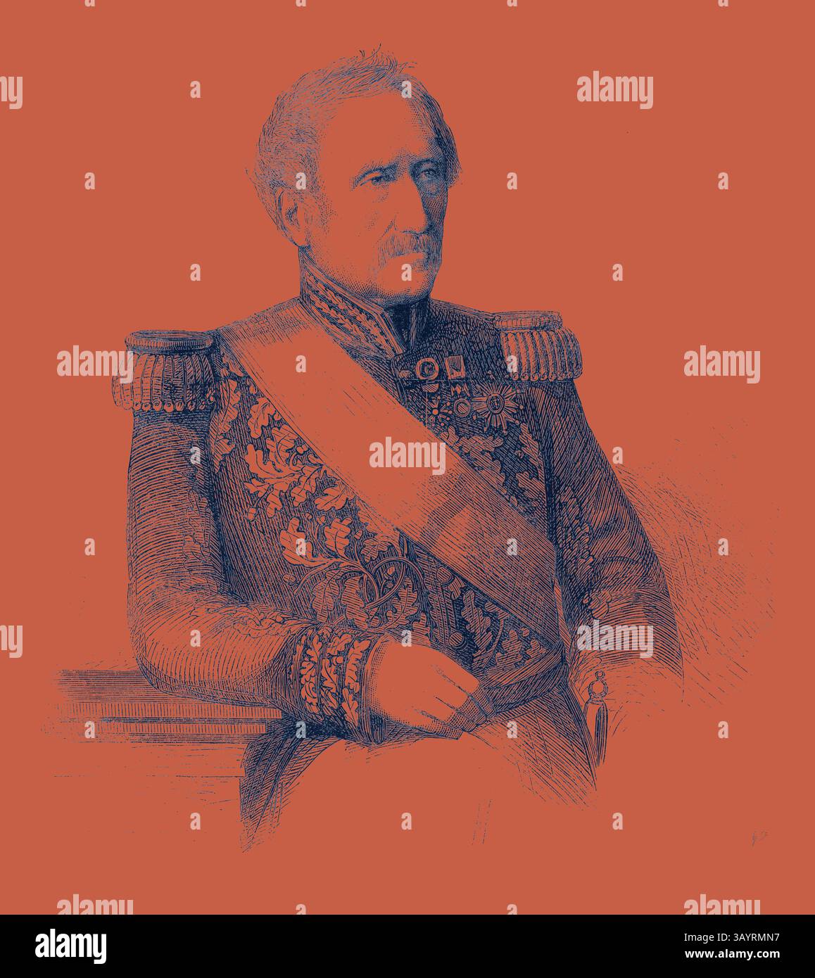 Ein würdevoller Militäroffizier, verziert mit kunstvollen Insignien und einem zeremoniellen Flügel, blickt nachdenklich in die Ferne und verkörpert eine Atmosphäre von Autorität und Erfahrung. Graf Ornano Marshal von Frankreich nach einem Gemälde von Heuss im Hotel des Invalides Klassische Kunst mit einem modernen Touch, neu gestaltet von Artotop Stockfoto