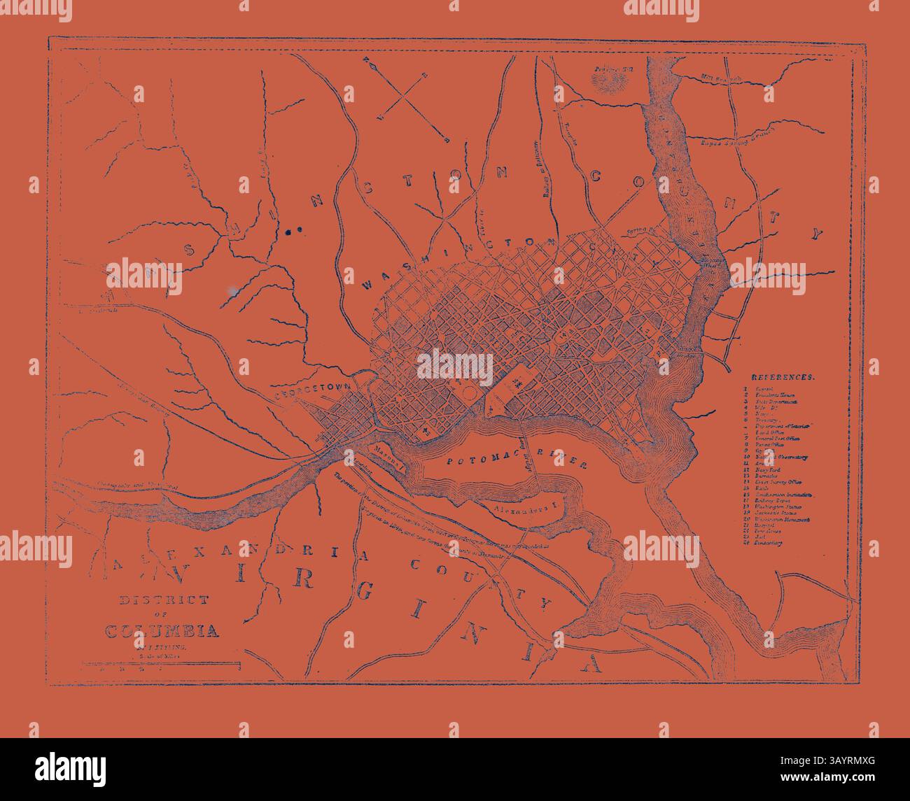 Eine detaillierte Karte eines historischen Gebiets mit verschiedenen Grafschaften und Flüssen, mit einem Gitterlayout, das einen Stadtplan anzeigt. Wichtige Sehenswürdigkeiten und Orte sind gekennzeichnet, um Einblicke in die Geographie und städtische Entwicklung der Region zu erhalten. Karte von District of Columbia Klassische Kunst mit modernem Touch, neu gestaltet von Artotop Stockfoto