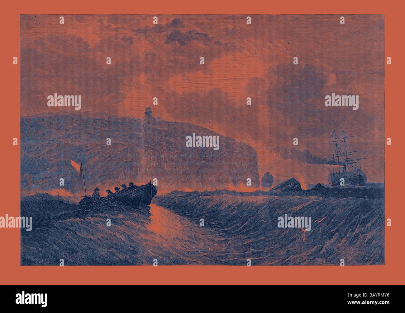 Eine turbulente Seeszene zeigt ein kleines Boot, das starken Wellen trotzt, mit Figuren an Bord, die in Richtung einer fernen Küste navigieren, die von Klippen und einem Leuchtturm dominiert wird. In der Nähe driftet ein größeres Schiff, das sich vor einem dramatischen Himmel voller wirbelnder Wolken befindet. Cape Race Neufundland die Beendigung des amerikanischen Telegraphen Klassische Kunst mit einem modernen Touch, der von Artotop neu interpretiert wurde Stockfoto