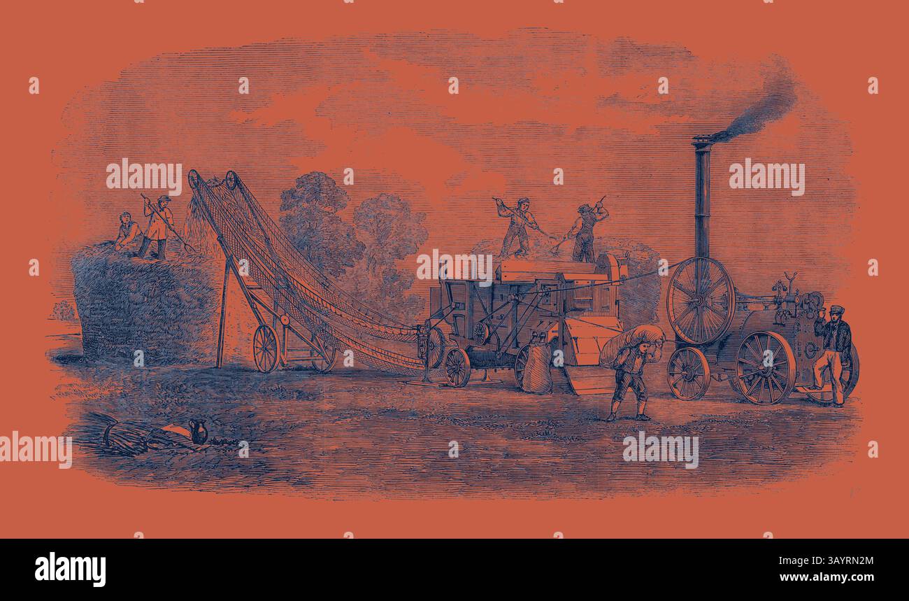 Eine geschäftige landwirtschaftliche Szene, in der Arbeiter mit Hilfe einer dampfbetriebenen Maschine Erntegut ernten, während andere aktiv am Stapeln von Heu arbeiten. Die Landschaft umfasst üppiges Grün im Hintergrund, was den fleißigen Geist der Bauerngemeinde unterstreicht. Klassische Kunst der Thrashing- und Stapelmaschine mit einem modernen Twist, der von Artotop neu interpretiert wurde Stockfoto