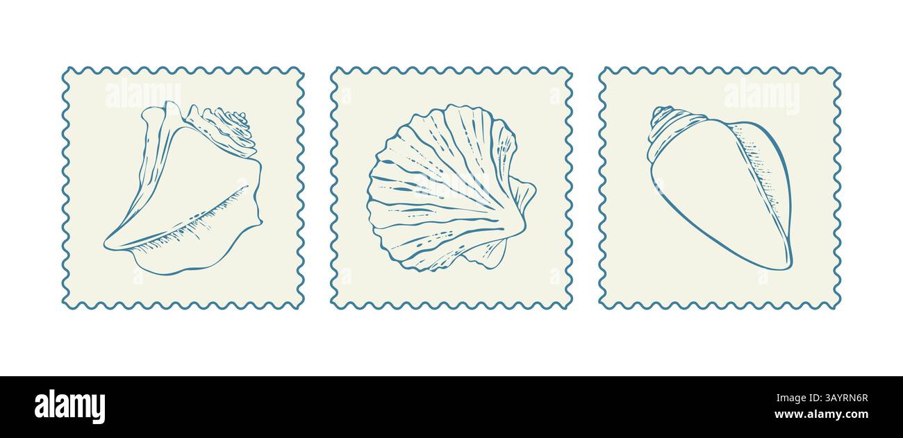 Nautische Stempel mit handbemalten Muscheln. Minimalistische nautische Muster im Vintage-Stil. Design-Elemente für die Sommerküste. Vektorabbildung Stock Vektor
