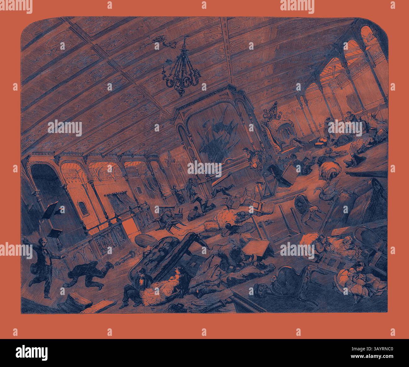 Ein opulenter Ballsaal in Unordnung, in dem sich Menschen über den Boden ausbreiten und Möbel umgekippt wurden, was auf eine chaotische Szene hindeutet. Dramatische Beleuchtung unterstreicht die kunstvolle Architektur, während ein Gefühl von Spannung und Dringlichkeit die Atmosphäre durchdringt. The Disaster to the Great Eastern: State of her Grand Saloon während der Gale Classic-Kunst mit einem modernen Twist, der von Artotop neu gestaltet wurde Stockfoto