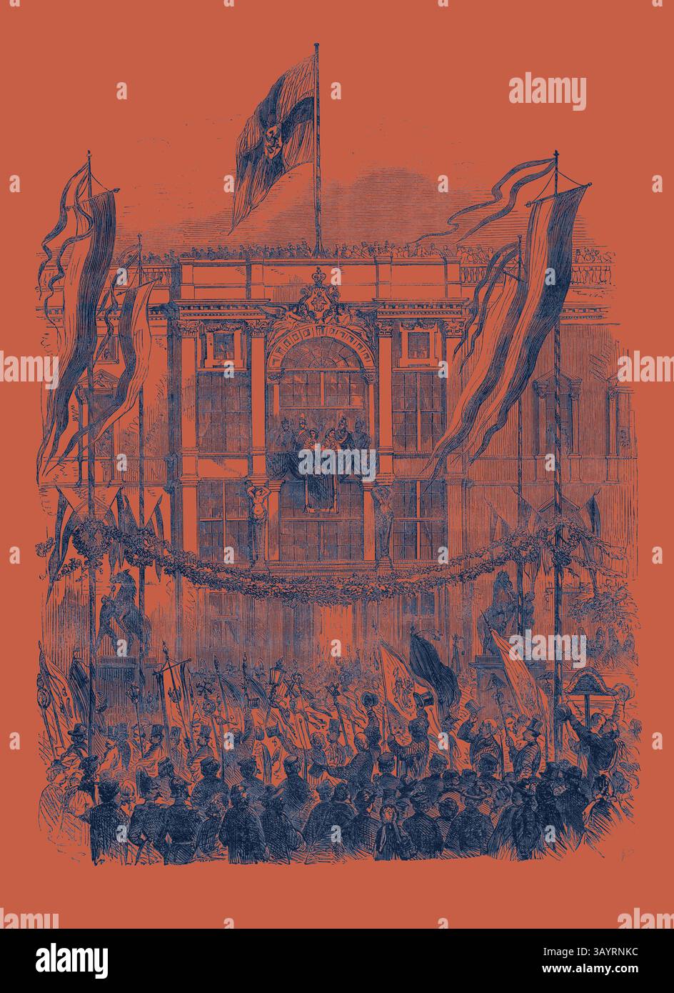 Eine große Menschenmenge versammelt sich vor einem großen Gebäude, das mit Fahnen und Bannern geschmückt ist, um ein bedeutendes Ereignis zu feiern. Statuen und Dekorationen verstärken die festliche Atmosphäre und spiegeln Begeisterung und Solidarität unter den Teilnehmern wider. Die Krönung des Königs und der Königin von Preußen: Staatseintritt in Berlin die Berufe verunreinigen vor der Königlichen Partei Klassische Kunst mit einer modernen Wendung, die von Artotop neu interpretiert wurde Stockfoto