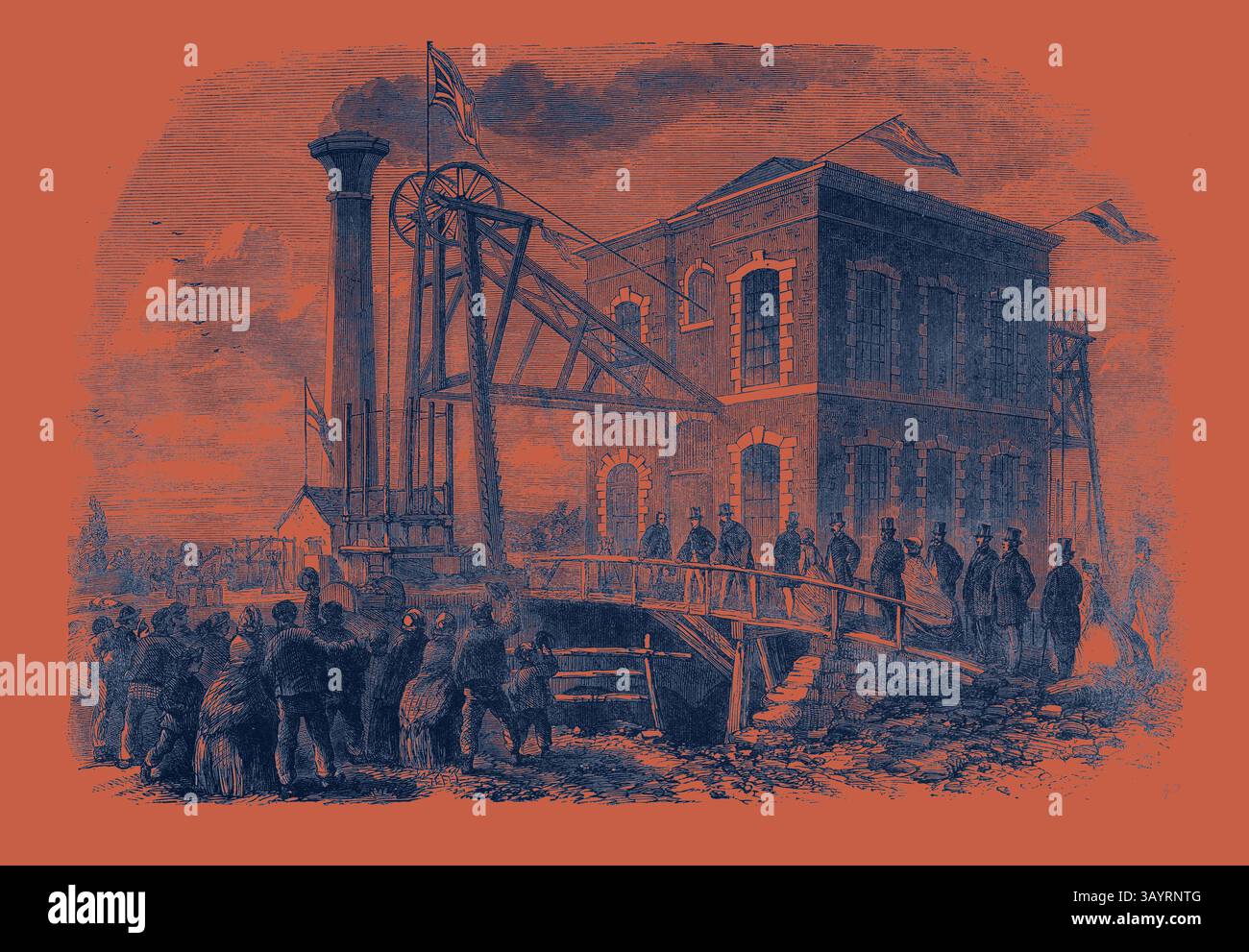 Eine geschäftige Szene, die eine historische Industriestandorte darstellt, mit Menschenmassen um eine große Dampfmaschine vor einem Backsteingebäude versammelten, mit Fahnen winkenden und Arbeitern, die an verschiedenen Aktivitäten beteiligt sind. The Prince of Wales in Shireoaks Coalmine Notts The Property of the Duke of Newcastle: The Shaft Engine House Klassische Kunst mit einer modernen Note, die von Artotop neu interpretiert wurde Stockfoto