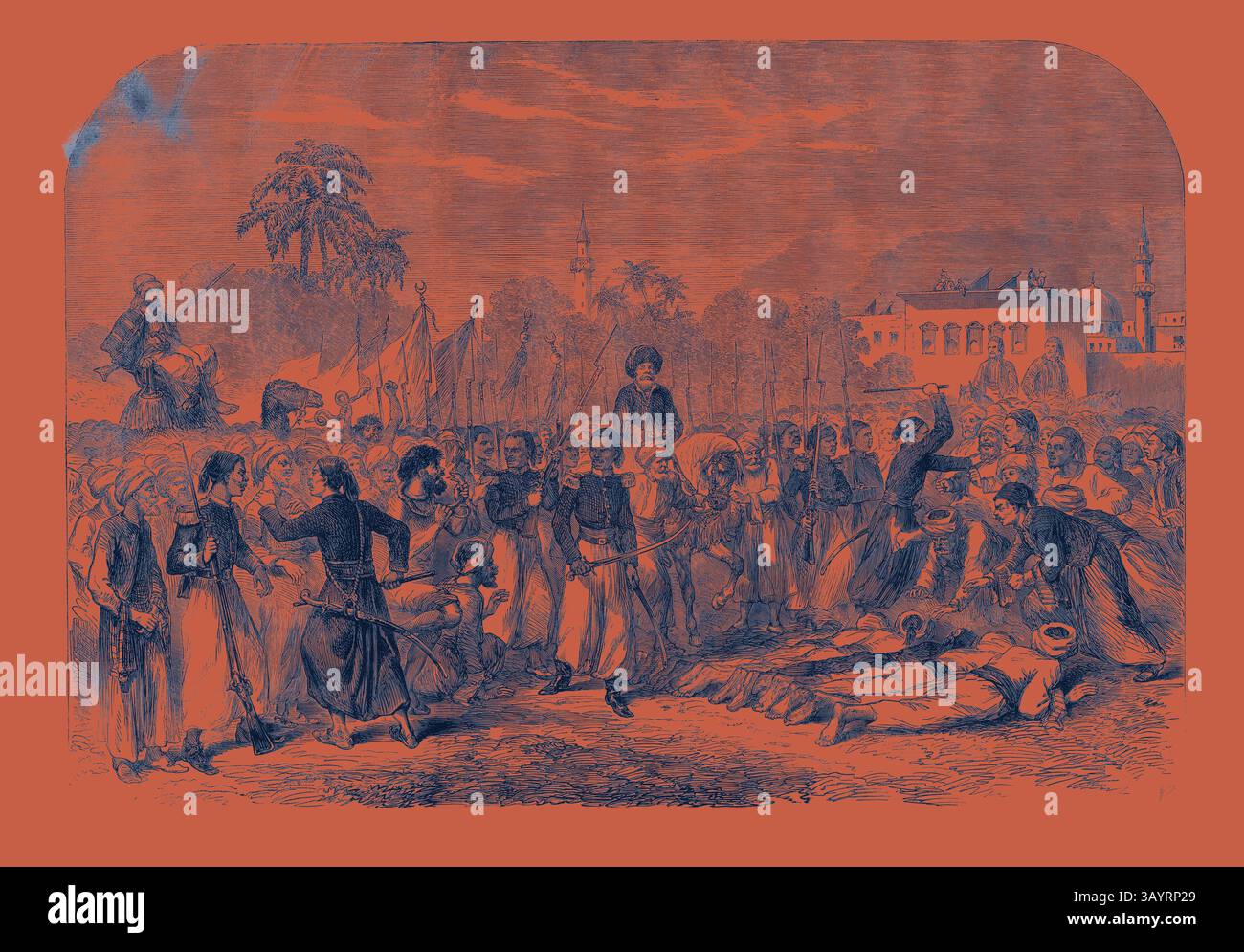 Eine historische Szene, die eine Zusammenkunft von Militärfiguren und Zivilisten zeigt, zeigt einen angespannten Moment mit Soldaten, Bannern und einer Kulisse aus Architektur und Bäumen, symbolisch für ein bedeutendes Ereignis oder einen Konflikt aus der Vergangenheit. Das Doseh eine jährliche religiöse Zeremonie in Kairo Klassische Kunst mit einem modernen Touch, der von Artotop neu gestaltet wurde Stockfoto