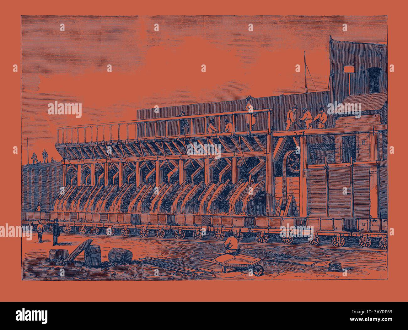 Eine Industrieszene, in der Arbeiter in Fertigungsprozessen arbeiten, mit Maschinen und fahrbaren Transportmitteln im Vordergrund, die die Hektik einer vergangenen Ära zeigen. The Concrete Mills at Plaistow London Main Drainage Klassische Kunst mit einem modernen Touch, neu gestaltet von Artotop Stockfoto